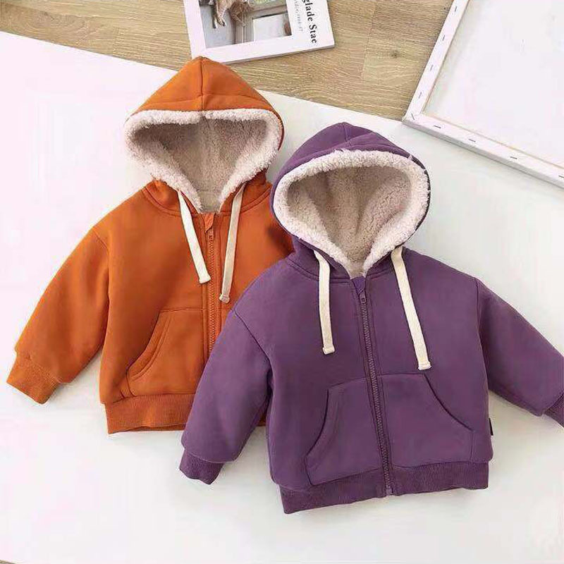 2022 - Foreign trade children's clothing to thicken coat boys and girls warm up the tops baby hooded zipper