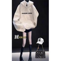 White Fleece-lined thickened Hooded Sweatshirt Women's 2025 New arrival Best Selling Autumn Mid Length Long Length Hooded pullover Tops Outwear