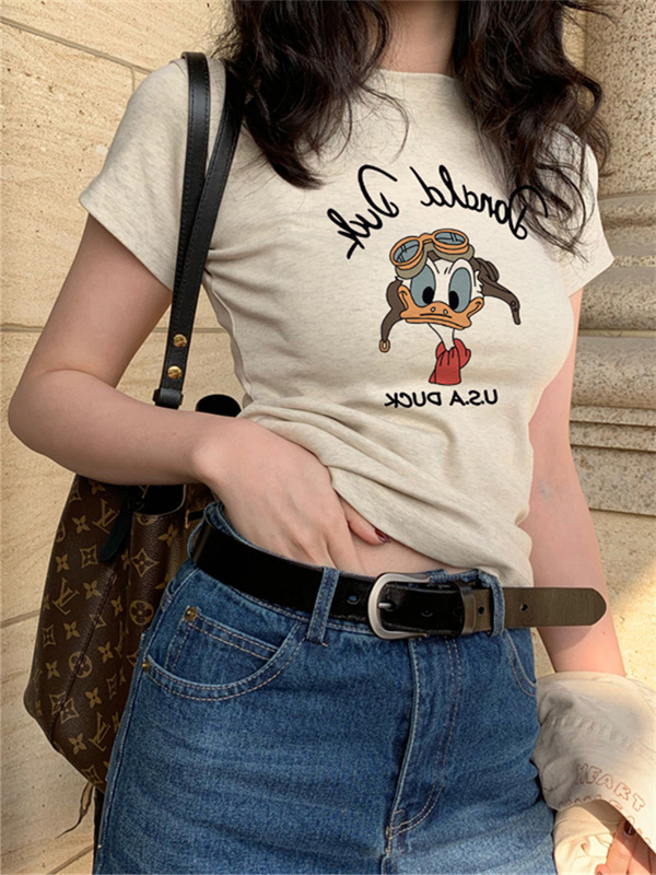 Pure Cotton Short-Sleeve T-Shirt for Women, New American-Style Slim Fit, Unique Printed Round Neck Top for Spring and Summer