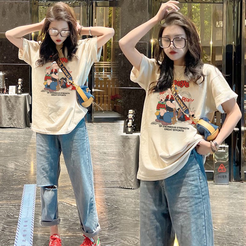 アメリカンレトロ半袖Tシャツレディース2025夏新作ヨーロッパ商品ゆったりラウンドネック純綿プリントTシャツトップスイン