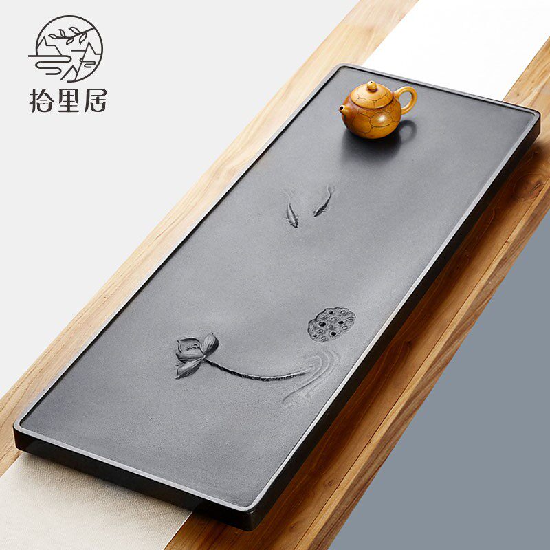 Shiliju natural whole piece of black gold stone tea tray large household simple Chinese tea table stone carving tea set