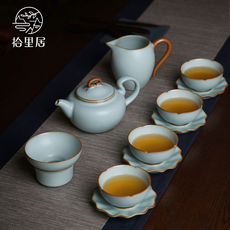 ten Ricu Porcelain Kung Fu Tea Set Group Jingdezhen Ru Kilo Handmade Ice Cracked Glaze Ceramic Gift Box Dress Gift