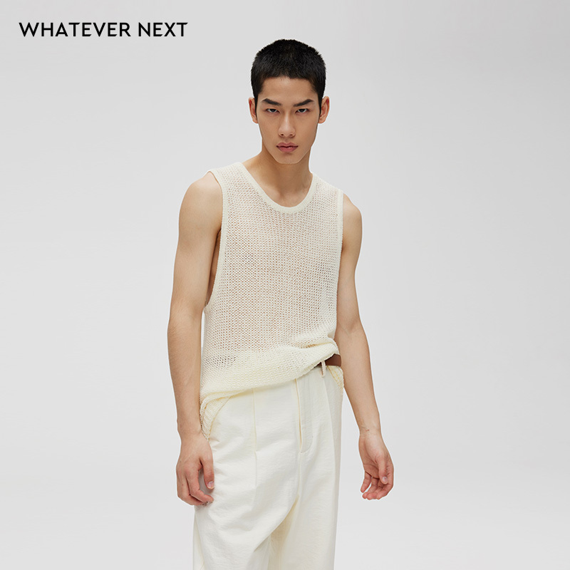 Whatevernext Hollow-Out Sheer Long Knit Vest with Round Neck, Widened Cuffs and Extended Back Hem Design