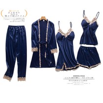 Pajamas set womens spring and autumn sexy Ice Silk five-piece set with chest pad suspenders nightgown lace thin ladies home wear