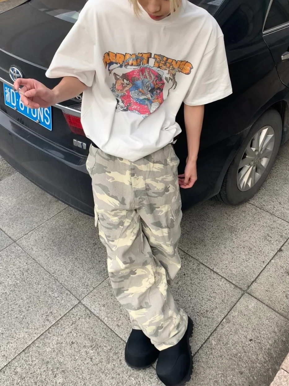 韓国のウォッシュ加工を施したオールドポケットのワイドレッグルーズクリーンフィットカジュアルストレートパラシュートパンツ迷彩ポケットオーバーオール