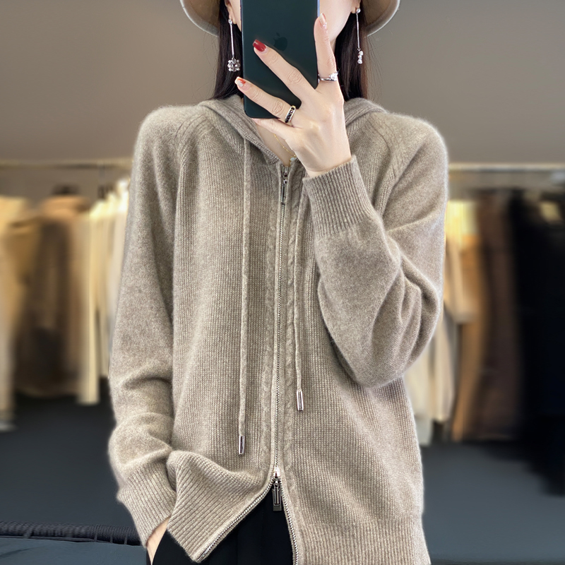 Autumn and Winter Hooded Sweater Women's Coat Knitted Cardigan with Zipper Sweatshirt New Stylish Hooded Short Top Trendy