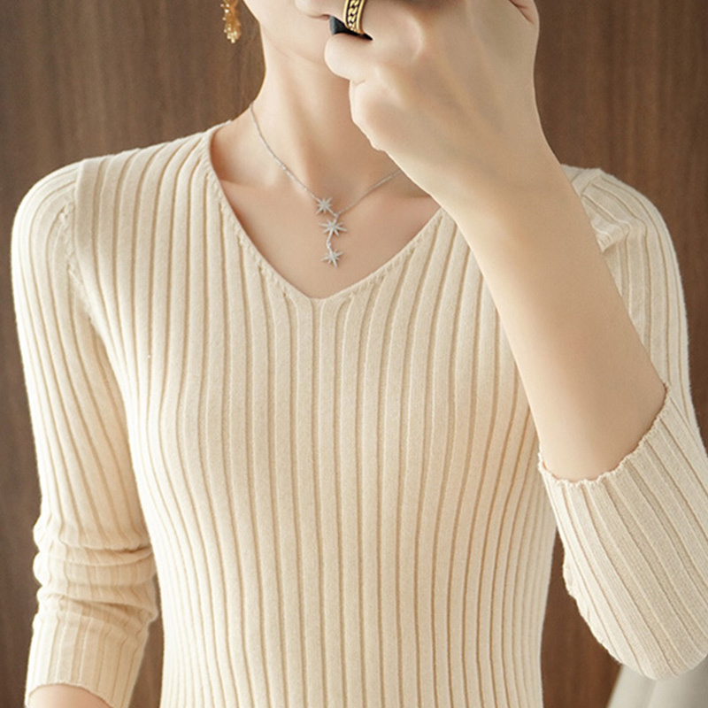Autumn and Winter Sweater New Style Pure Cotton Long-Sleeved Knitted Base Shirt for Women V-Neck Pullover Spring Slim-Fit Short Base Shirt