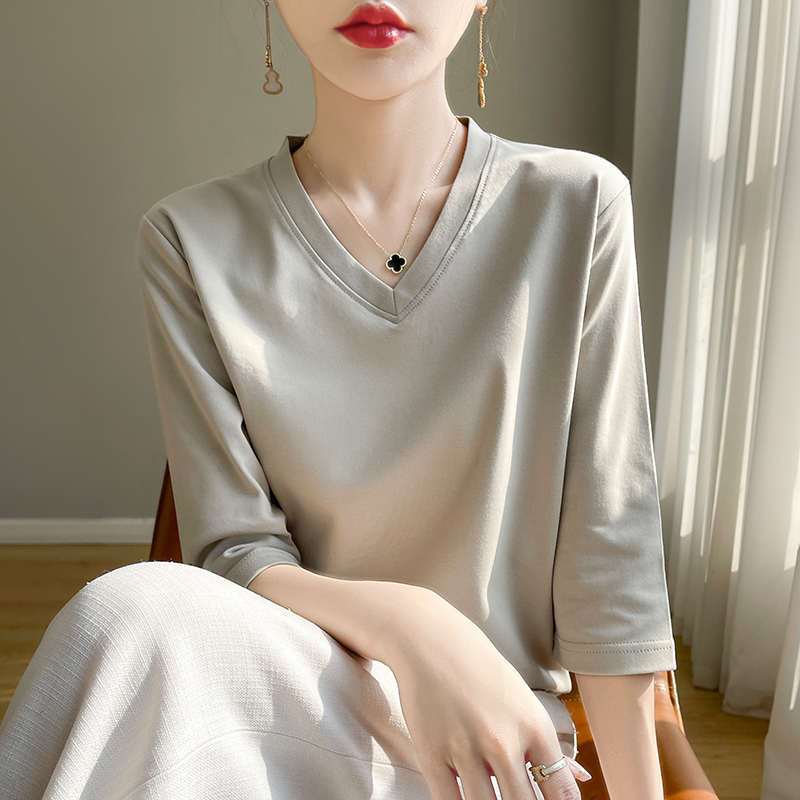 Pure Cotton Short-Sleeve T-Shirt for Women, Loose V-Neck Half-Sleeve Undershirt, Medium-Sleeve Thin White Three-Quarter Sleeve Round Neck Pure Cotton Short-Sleeve T-Shirt for Women, Loose V-Neck Half-Sleeve Undershirt, Medium-Sleeve Thin White Three-Quarter Sleeve Round Neck