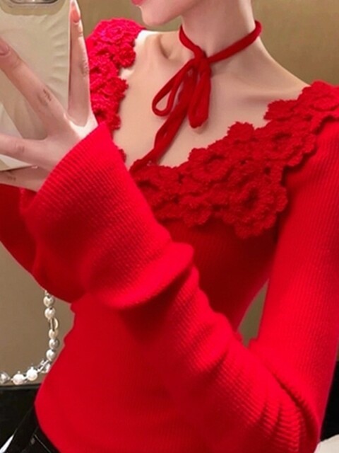 Spring Korean-Style Top, Unique and Super Pretty, Stylish, Age-Reducing, High-End, Soft and Lazy Style, Red Knit Sweater