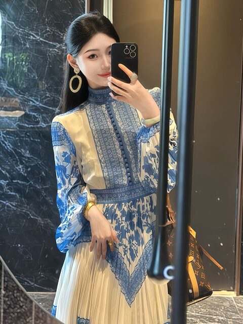 Early Spring Trendy Goddess Style Light Luxury High-End Feel for Attending Important Occasions Gentle Style Waist-Cinching Printed Dress