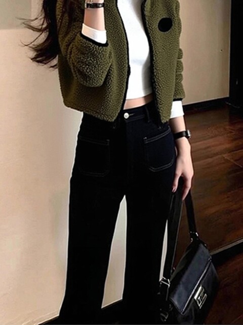 Spring Casual Versatile Tops for Petite Women, Unique and Beautiful, Super Stylish Korean-Style Green Lamb Wool Short Jacket for Women