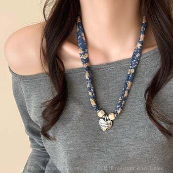 Dark Blue Floral Silk Scarf with Heart-Shaped Water Drop Necklace for Women, Unique Design for Autumn and Winter, Long Sweater Chain Clothing Accessory