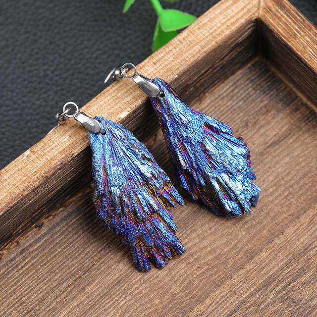 Natural Black Tourmaline Electroplated Blue Peacock Blue Flame Feather Crystal Cluster Earrings Jewelry in Stock