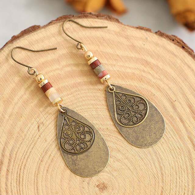 Wish Aliexpress European and American Cross-Border Antique Bronze Carved Earrings Creative Vintage Water Drop-Shaped Ear Accessories