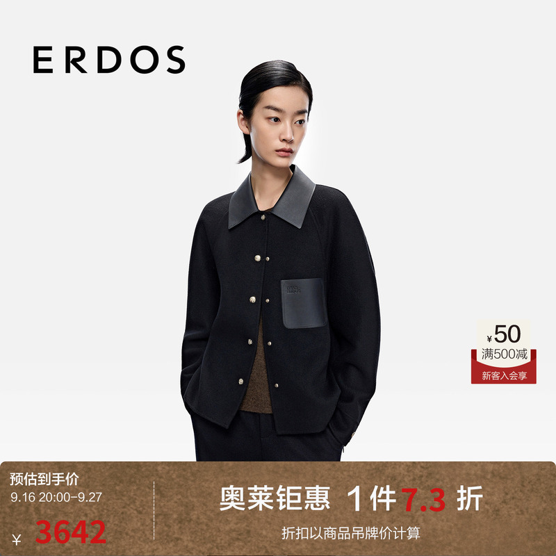 Erdos Women's Cow Leather Shirt-Style Jacket Autumn and Winter Turn-Down Collar Double-Sided Wool Black and Gold Coat Erdos Women's Cow Leather Shirt-Style Jacket Autumn and Winter Turn-Down Collar Double-Sided Wool Black and Gold Coat