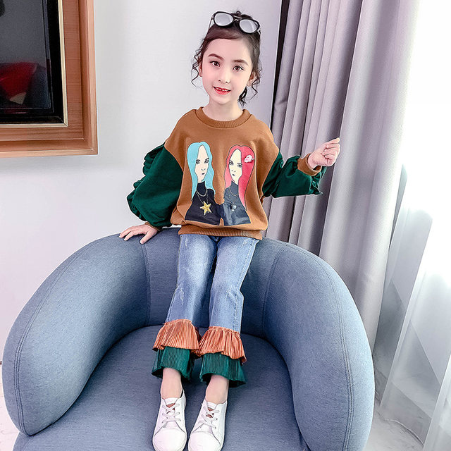 Girls' clothing fashion suit foreign style 2022 new net red Korean version of children's girls middle and big children's sweater denim set