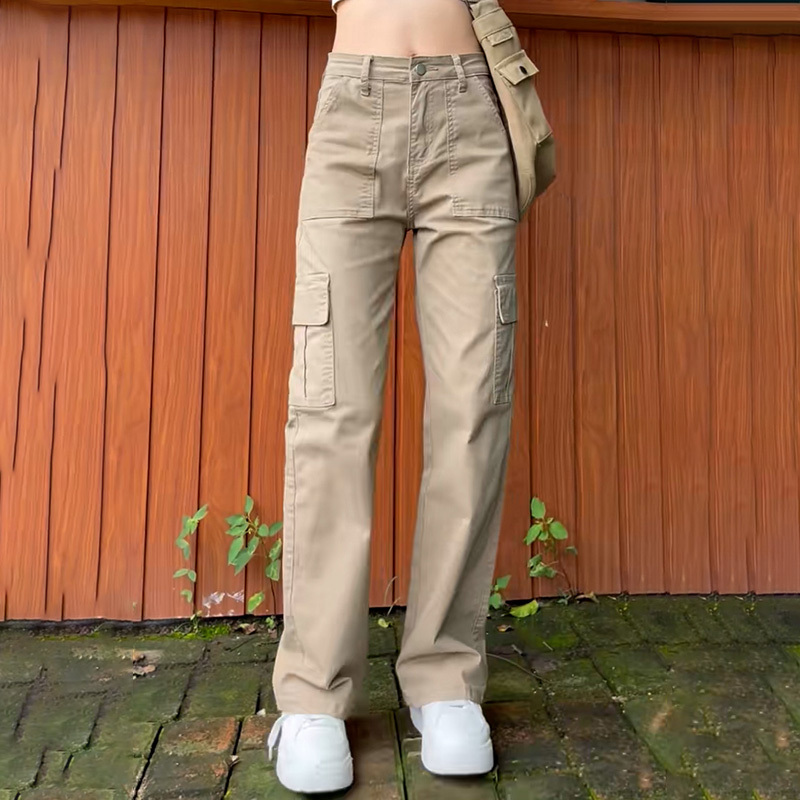 Khaki Cargo Pants for Women, Spring and Summer Thin Style, 2026 New Model, Petite Loose Fit, Pure Cotton Casual Straight-Leg Pants