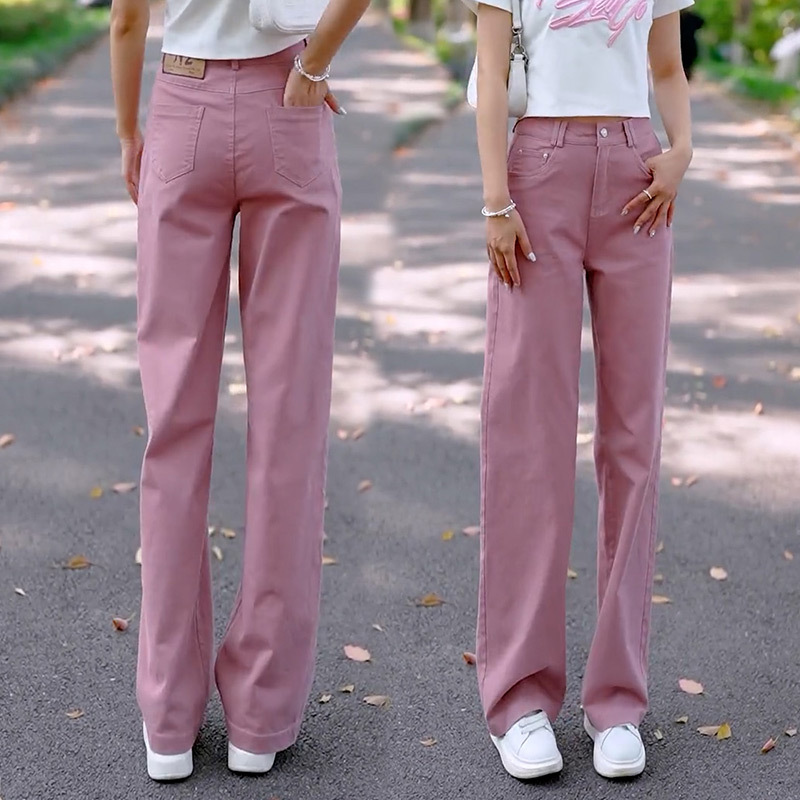 Pink Slim Straight-Leg Jeans for Women, Autumn 2026 New Style, Loose High-Waisted, Slimming, Pure Cotton, Casual Wide-Leg Pants