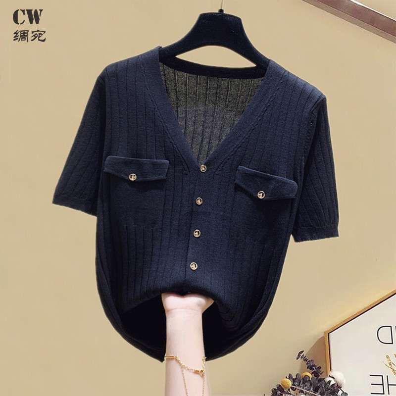 Large size black V neckline ice silk T-shirt woman with short sleeve Summer Fat younger sister Conspicthin 100 Lapped Thin-Knitted Cardiovert Blouse