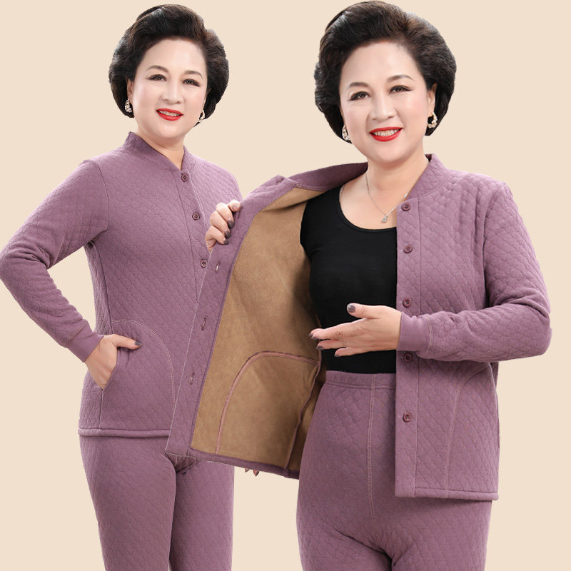 Medium-aged thermal underwear gushed with thickened female cardiovert suit Grandma Large code Winter full cotton button cardiovert-Taobao
