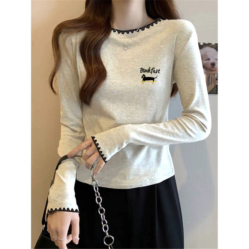 Early Autumn Thin Cotton Long-Sleeve T-Shirt for Women, Base Layer Top, 2026 New Trendy Popular Style, Regular Shoulder, Gray
