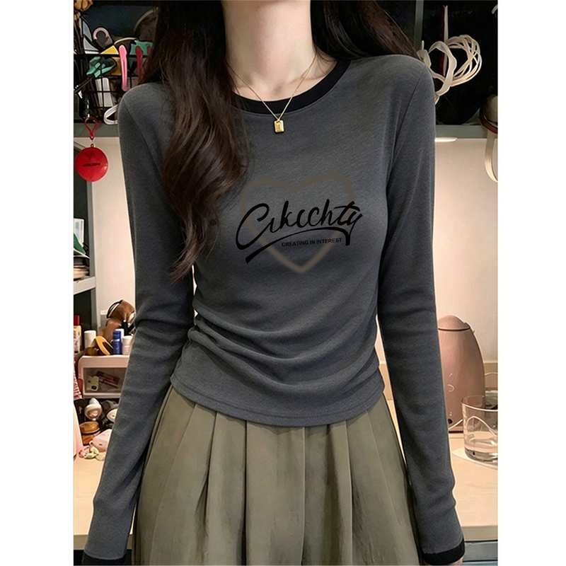 Contrast Color Round Neck Slim Fit Long Sleeve T-Shirt for Women, Autumn 2026 New Style, Pure Cotton Base Shirt, Short Top for Layering