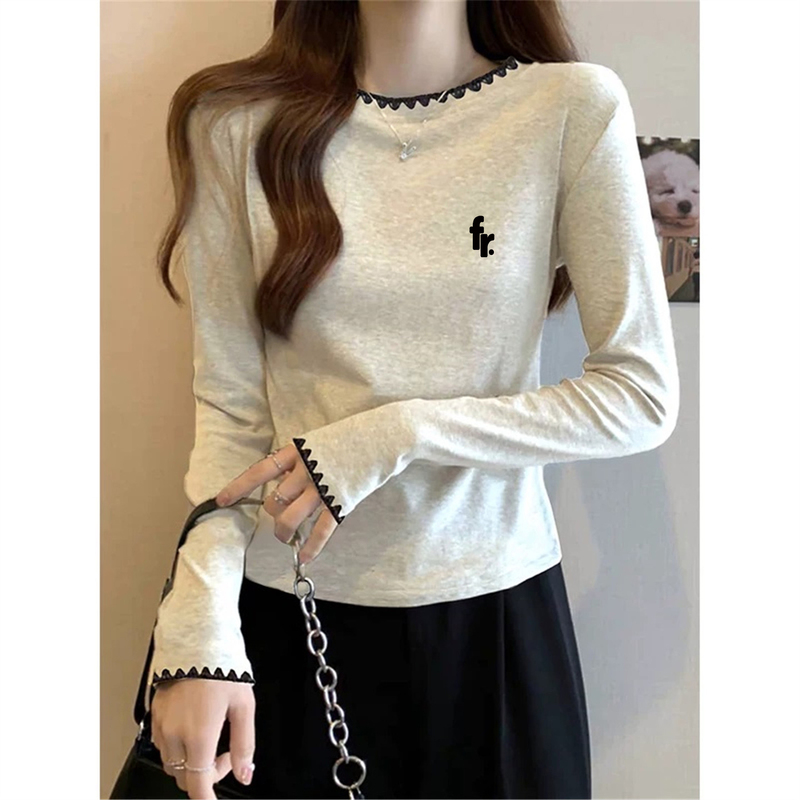 Korean Style Simple Color-Blocking Round Neck Long-Sleeve T-Shirt for Women, Early Autumn Stylish and Youthful Slim-Fit Pure Cotton Top