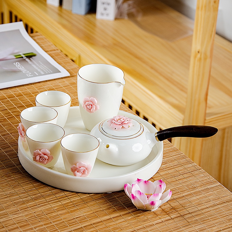 High-grade hand-pinch high white porcelain side handle Kung Fu tea set set household ceramic tea pot tea cup tea tray