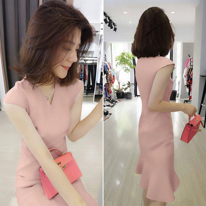 Thời trang cổ chữ V khí chất thon gọn váy không tay đuôi cá ga châu âu 2021 quần áo phụ nữ mùa hè mới xu hướng châu âu - váy đầm