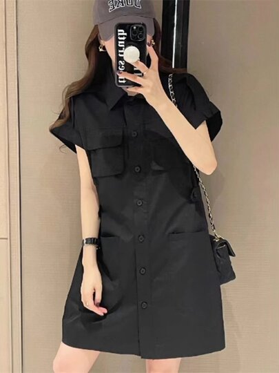 黑色工装连衣裙2025早秋新款女大码胖MM收腰小个子短袖衬衫A字裙