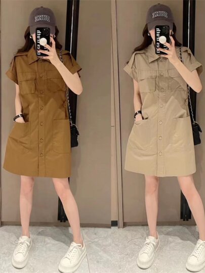 黑色工装连衣裙2025早秋新款女大码胖MM收腰小个子短袖衬衫A字裙