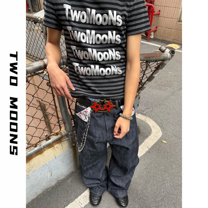 Twomoons Two Moons Slogan Silver Foil Print Niche Light Black and Gray Striped Vintage Distressed Short Sleeve Twomoons Two Moons Slogan Silver Foil Print Niche Light Black and Gray Striped Vintage Distressed Short Sleeve
