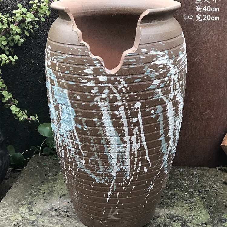 Ceramic art large rough pottery pot flowing water landscape succulent green plant old pile flower pot potted tabletop classical ceramic inverted bottle