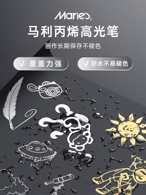 Marley Brand White, Gold, and Silver Highlighter Pens for Art Students, Professional Drawing White Pens, Hand-Drawn Markers, Comics, Elementary and Middle School Students' Sketching, Colored Core, Anime Design, Black Background Writing, White Text, Line Drawing