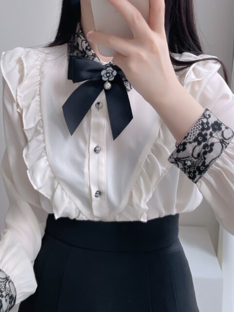 Bow Lace Pink Shirt for Women, Niche Design, High-End Feel, French Style, Spring and Autumn, Petite Long-Sleeved Top