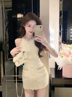 French style gold buckle small fragrant dress for women 2025 summer new style sleeveless waist slimming hip short skirt