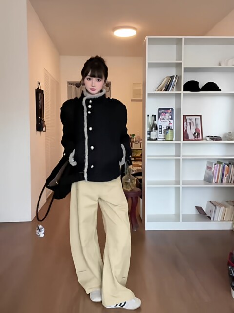 New Style Hot Girl Style Black Fur Stand-Up Collar Woolen Outwear for Women in Autumn and Winter, High-End Loose Short Jacket Top