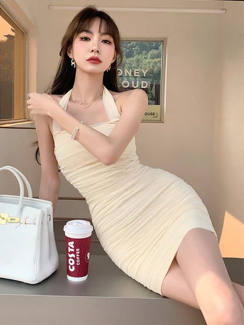 French-Style Sweet and Spicy Slim-Fit Mesh Halter Neck Slip Dress, Feminine European and American Pure Desire Sexy Hot Girl Bodycon Dress