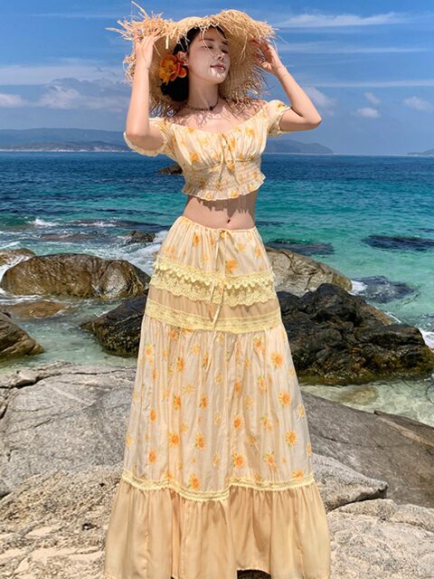 Little Daisy Style Seaside Vacation Tencel Embroidered Tube Top Women's Heavy-Duty Drawstring Skirt Summer Two-Piece Set