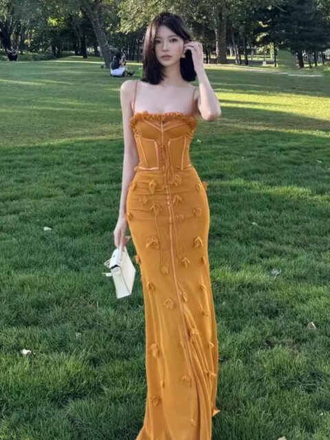 Thai and Vietnamese Niche Fishbone Strap Mesh Dress, Feminine Waist-Cinching Slimming Floral Dress, Vacation Long Dress