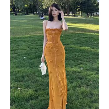 Thai and Vietnamese Niche Fishbone Strap Mesh Dress, Feminine Waist-Cinching Slimming Floral Dress, Vacation Long Dress