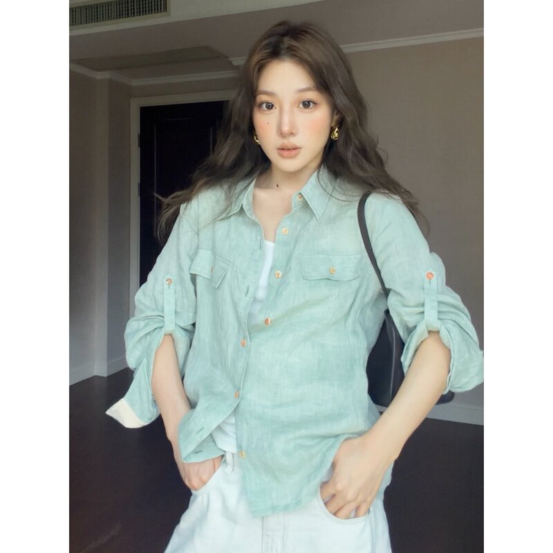 French-Style Lazy Green Linen Shirt for Women, Summer Design, Niche Polo Collar, Casual Loose-Fitting Elegant Top