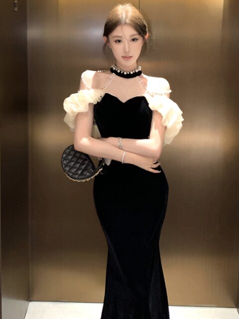 Autumn Fashion Halter Neck Hand-Stitched Rhinestone Sleeveless Velvet Slim-Fit Party Dress Women's Korean Design Dress