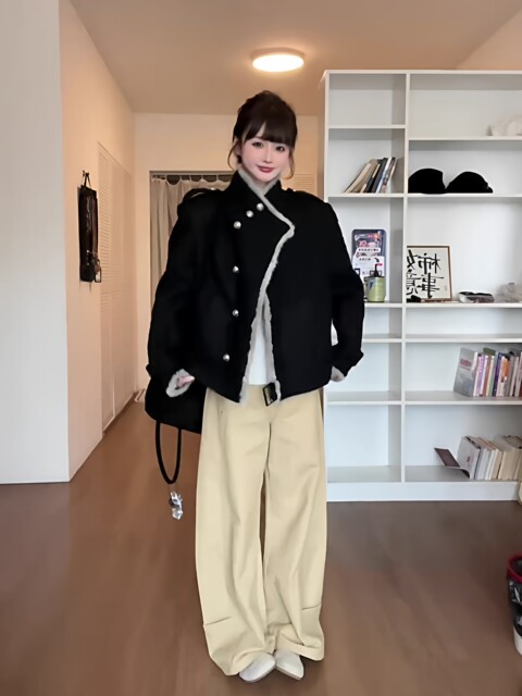 New Style Hot Girl Style Black Fur Stand-Up Collar Woolen Outwear for Women in Autumn and Winter, High-End Loose Short Jacket Top