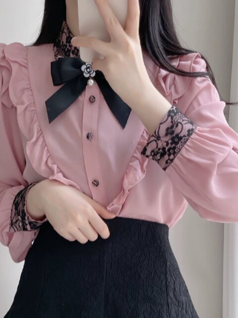 Bow Lace Pink Shirt for Women, Niche Design, High-End Feel, French Style, Spring and Autumn, Petite Long-Sleeved Top