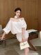 Niche flower one-line off-shoulder hip skirt summer new high-end shirt dress mid-sleeve slim short skirt for women