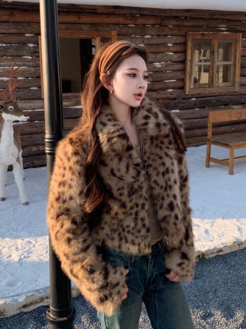 Hot Girl Style Leopard Print Fur Short Coat for Women, Autumn and Winter, High-End Feel, Petite Size, Warm and Thick Woolen Top