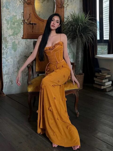 Thai and Vietnamese Niche Fishbone Strap Mesh Dress, Feminine Waist-Cinching Slimming Floral Dress, Vacation Long Dress