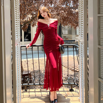 French-Style Spicy Girl Style Mesh Patchwork One-Shoulder Dress for Women in Early Autumn, Pleated Slim Fit Bodycon Long Dress