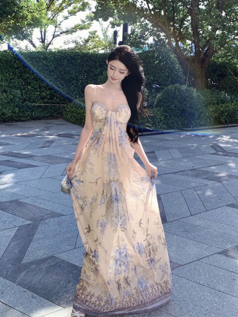 Elegant Flower Girl Pure Desire Vacation Style Spaghetti Strap Dress Women's Early Autumn New Mesh Print Beach Vacation Dress